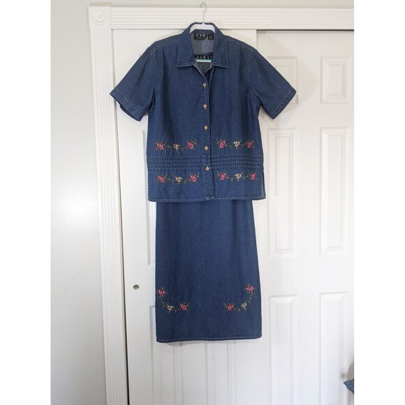 Denim Floral Jumper L Dress 90s Jean Shirt Set Vintage MPH Embroidered Rose Maxi - Picture 8 of 16